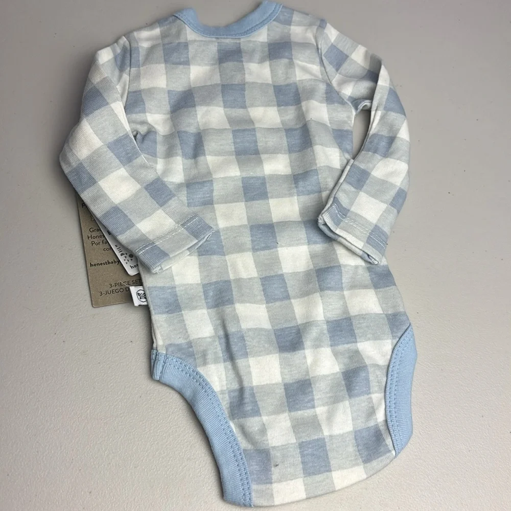 Honest Organic Cotton Soft Checkered Bodysuit Onesie with Fold-Over Mitten Cuffs